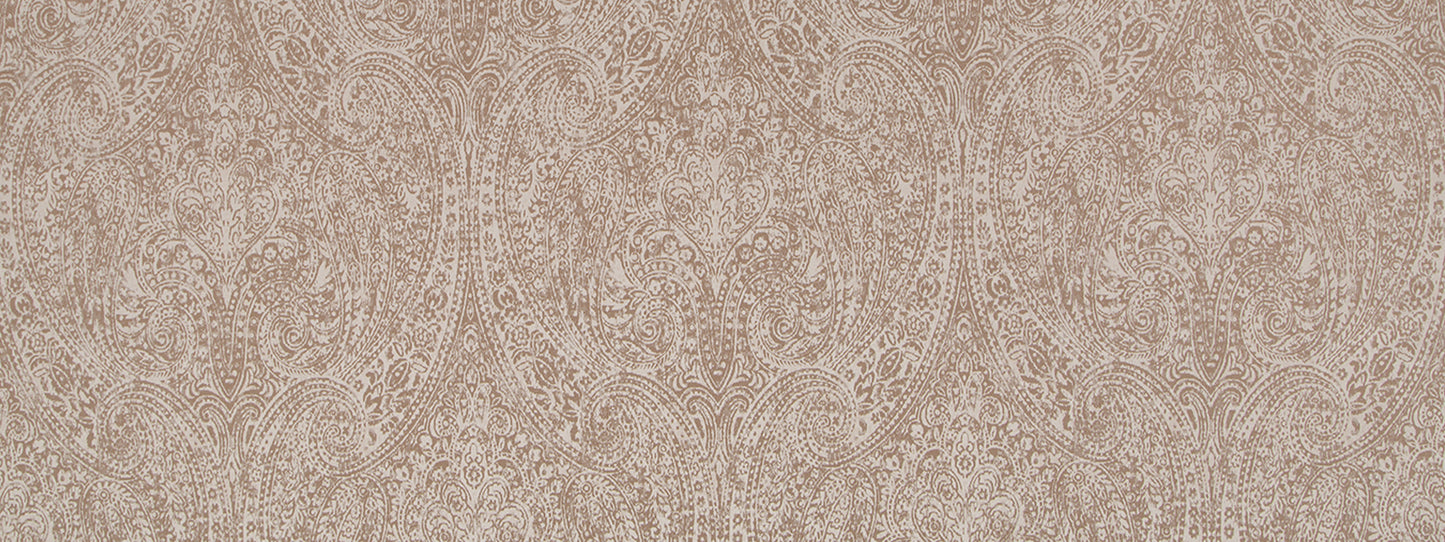 Beige damask upholstery fabric with ornate floral scroll pattern.