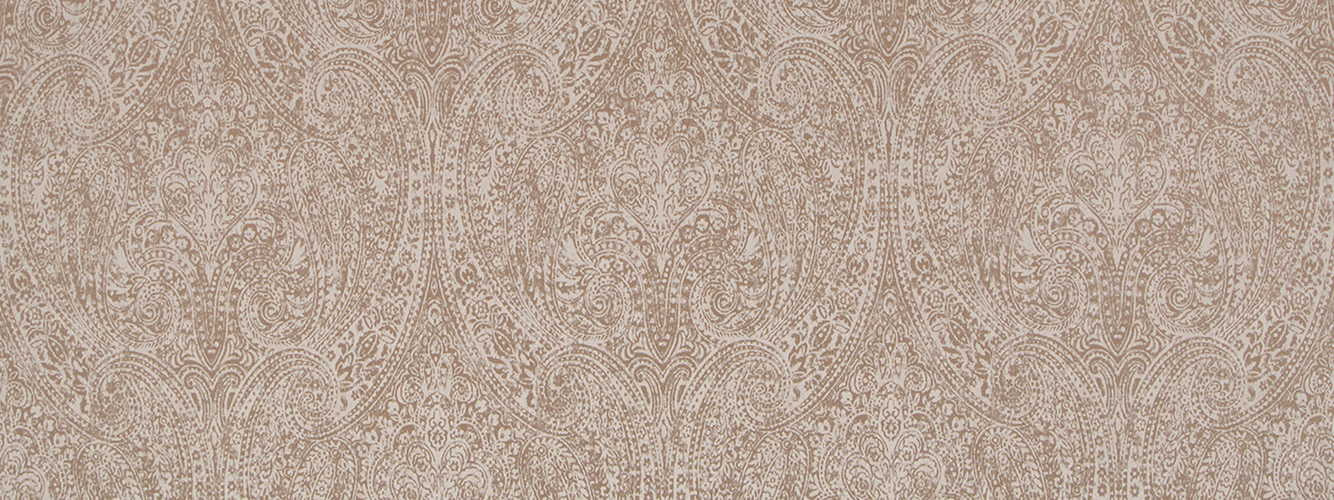 Beige damask upholstery fabric with ornate floral scroll pattern.