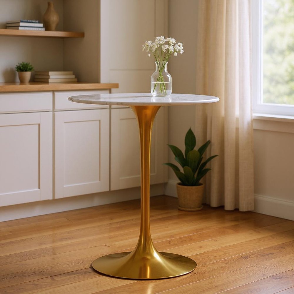 32" White and Gold Rounded Marble and Metal Bar Table