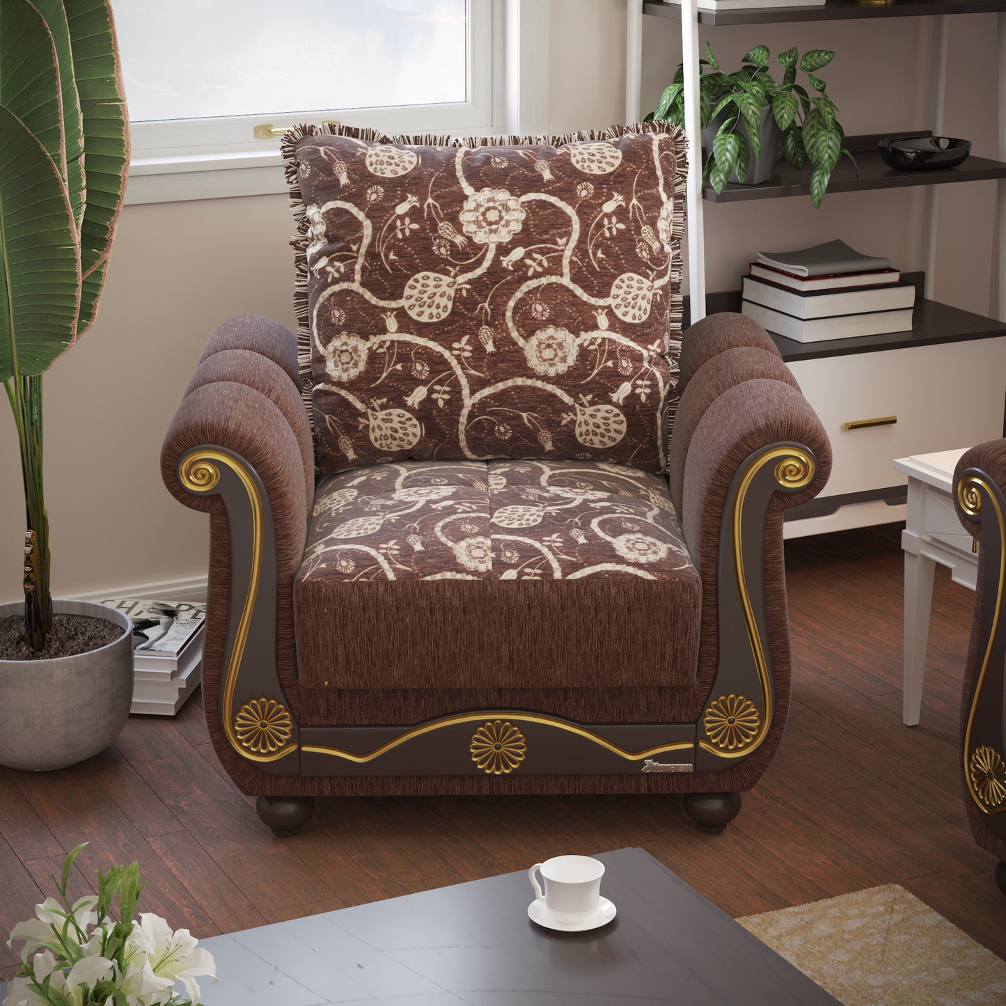 39" Brown Chenille Paisley Convertible Chair