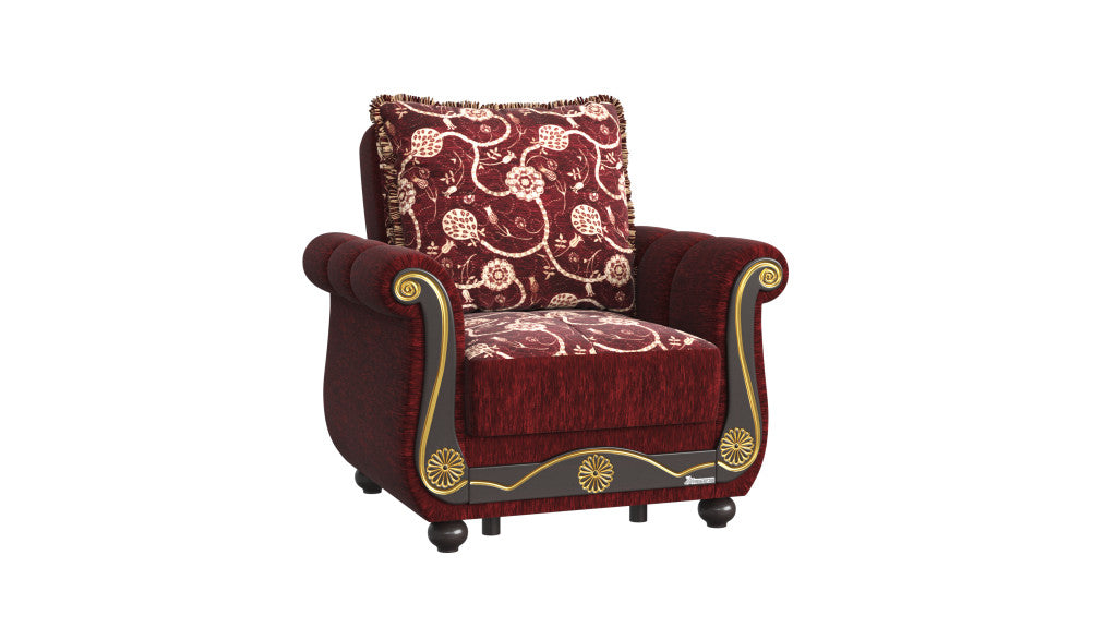 39" Burgundy Fabric And Brown Floral Convertible Armchair