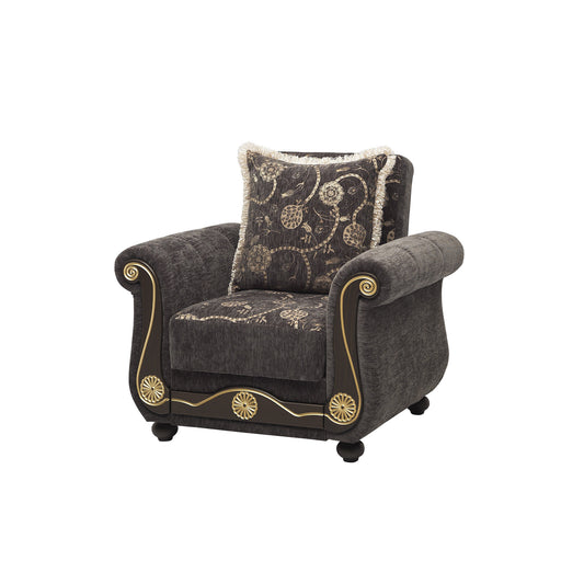 39" Gray Chenille And Brown Floral Convertible Armchair