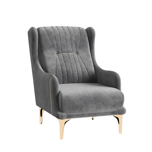 39" Gray Velvet And Gold Wingback Chair