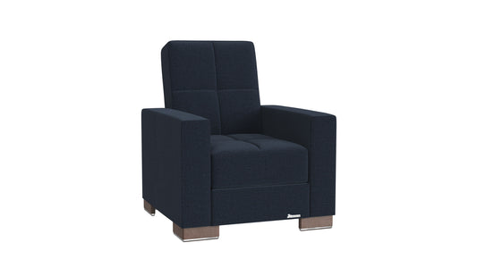 36" Dark Blue Fabric And Brown Tufted Convertible Chair