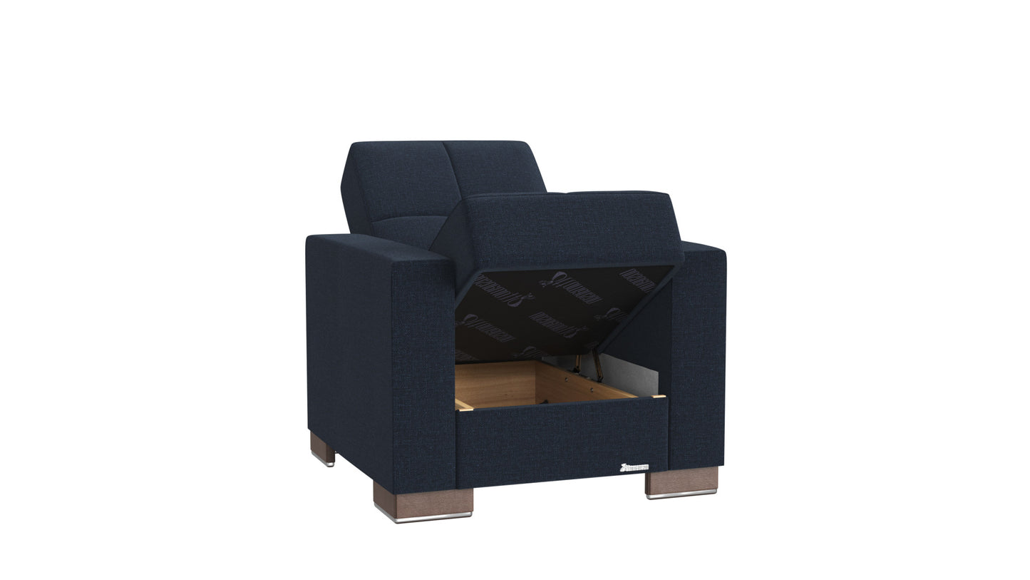 36" Dark Blue Fabric And Brown Tufted Convertible Chair