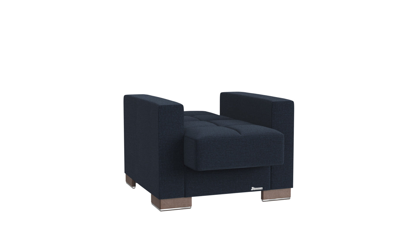 36" Dark Blue Fabric And Brown Tufted Convertible Chair