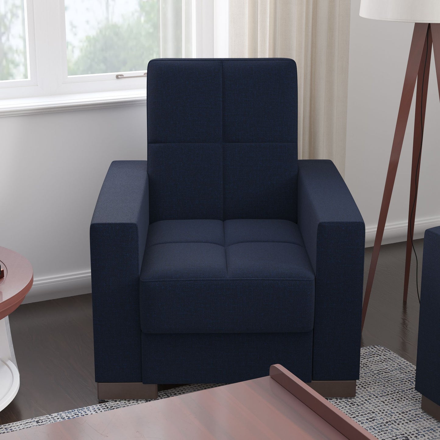 36" Dark Blue Fabric And Brown Tufted Convertible Chair