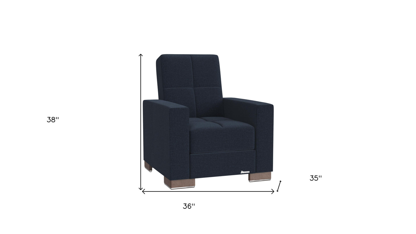 36" Dark Blue Fabric And Brown Tufted Convertible Chair