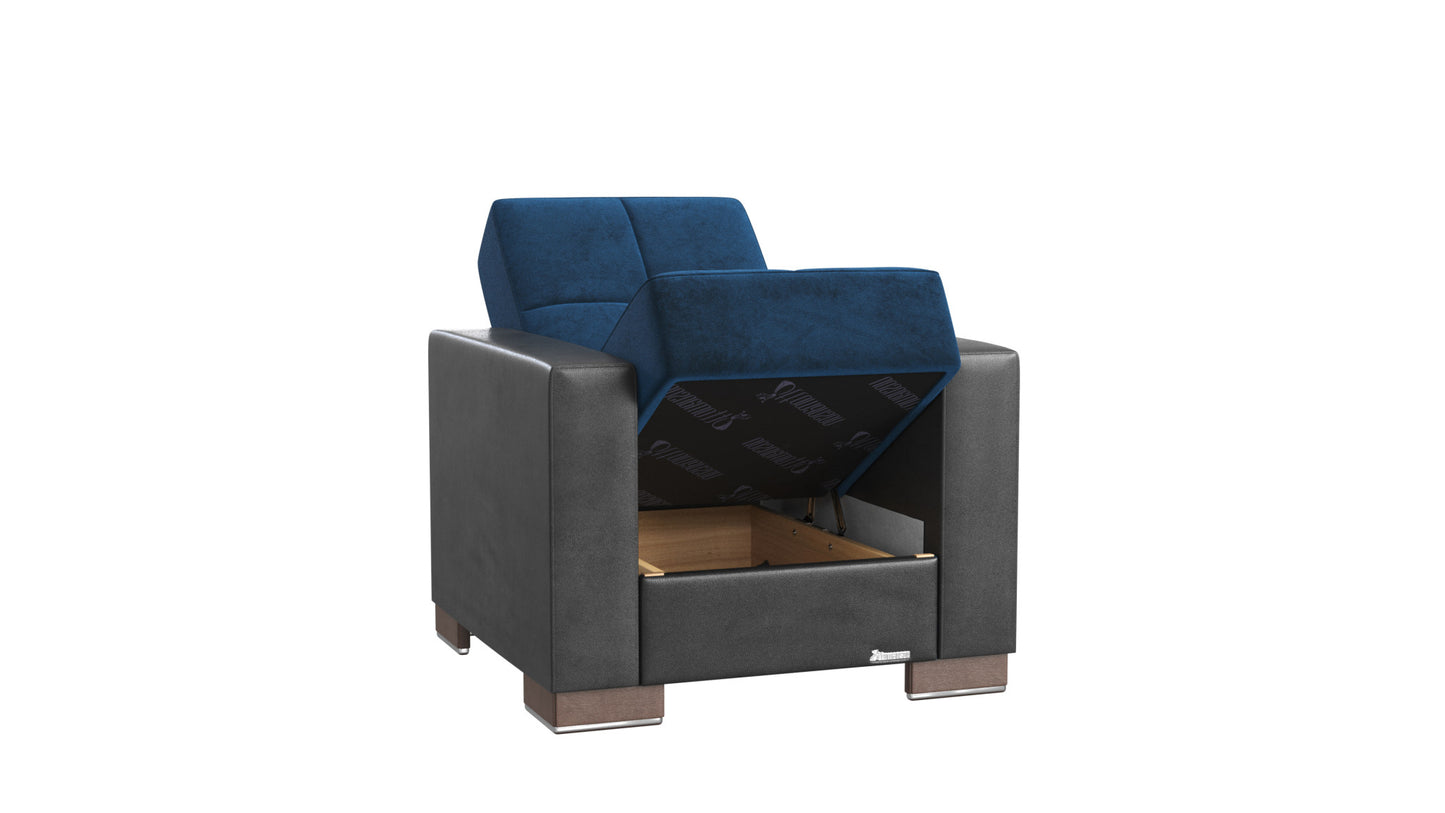 36" Blue Velvet And Brown Tufted Convertible Chair