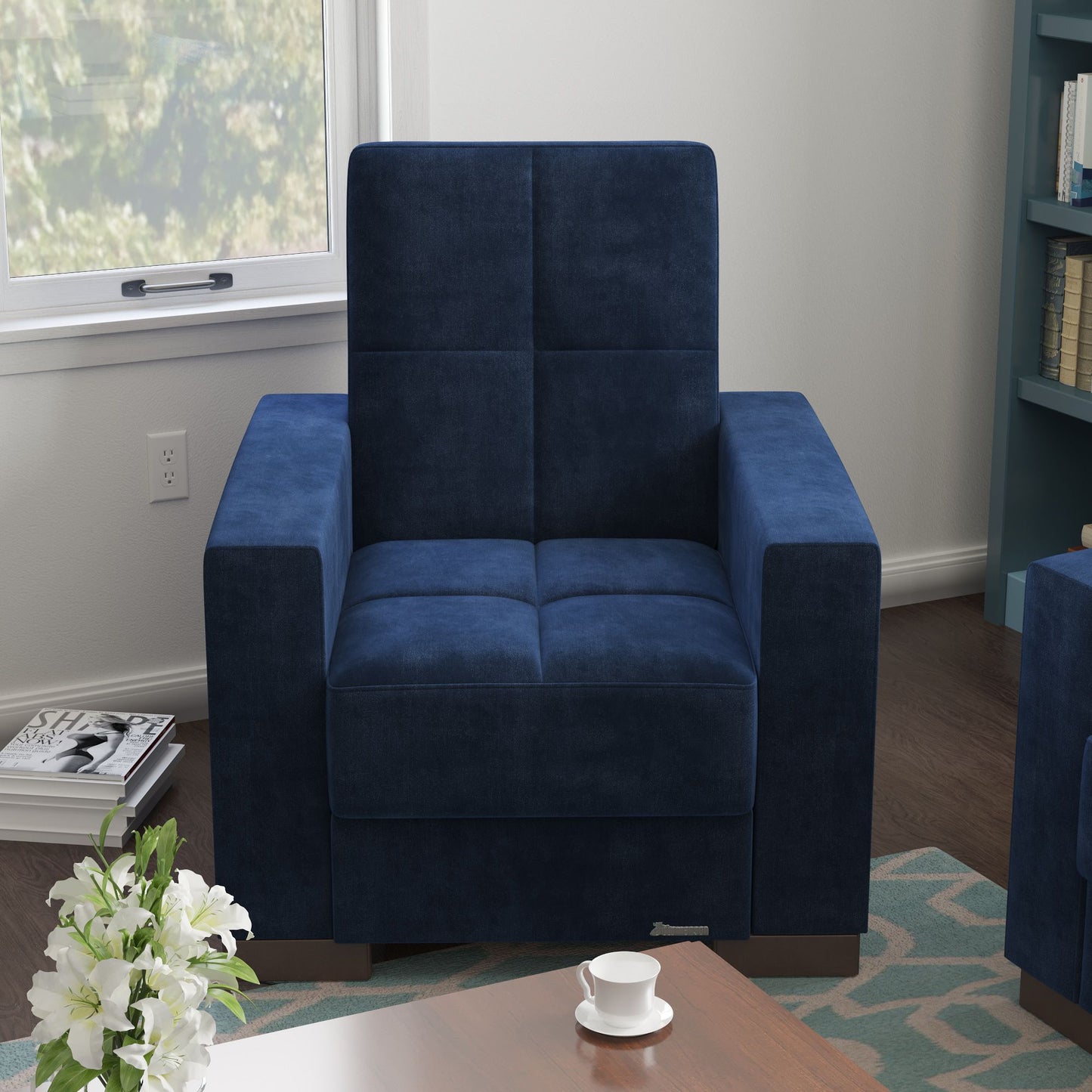 36" Blue Microfiber And Brown Tufted Convertible Chair