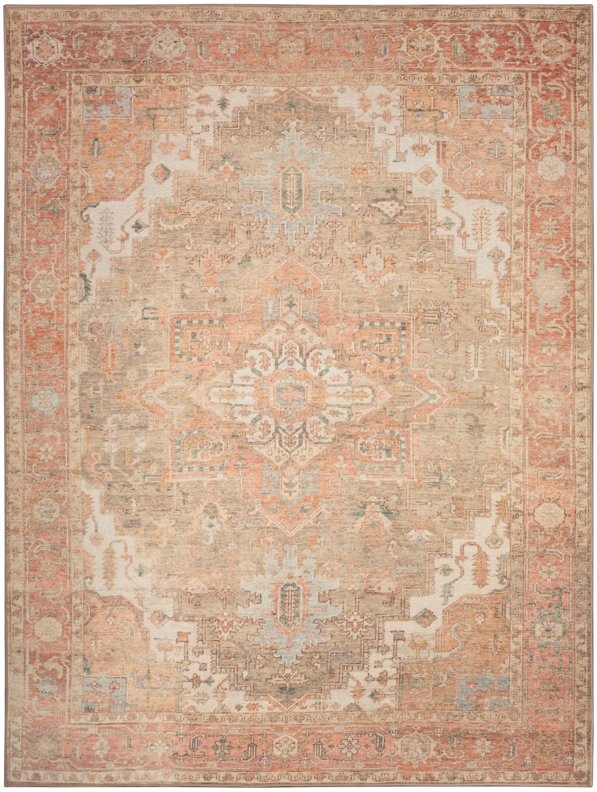 Vintage Persian-style rug with a central medallion, distressed peach and ivory tones, pale blue accents, ornate border.