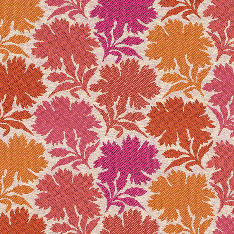 Colorful floral damask pattern with large pink, orange and purple blossoms and leaves on beige fabric.