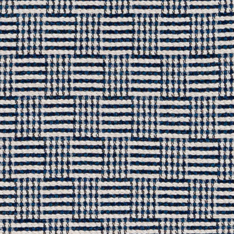 Navy blue and white woven fabric with a basket weave pattern; textured upholstery textile.
