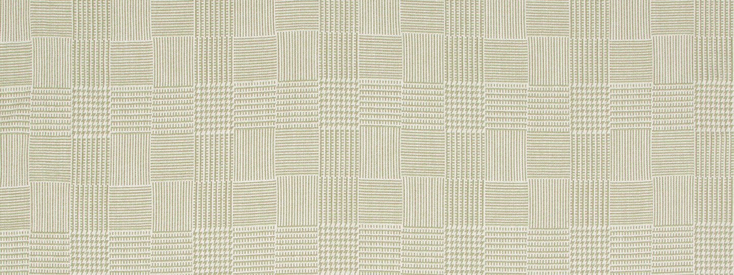 Beige woven fabric with a subtle plaid/check pattern and textured grid blocks, suitable for upholstery.