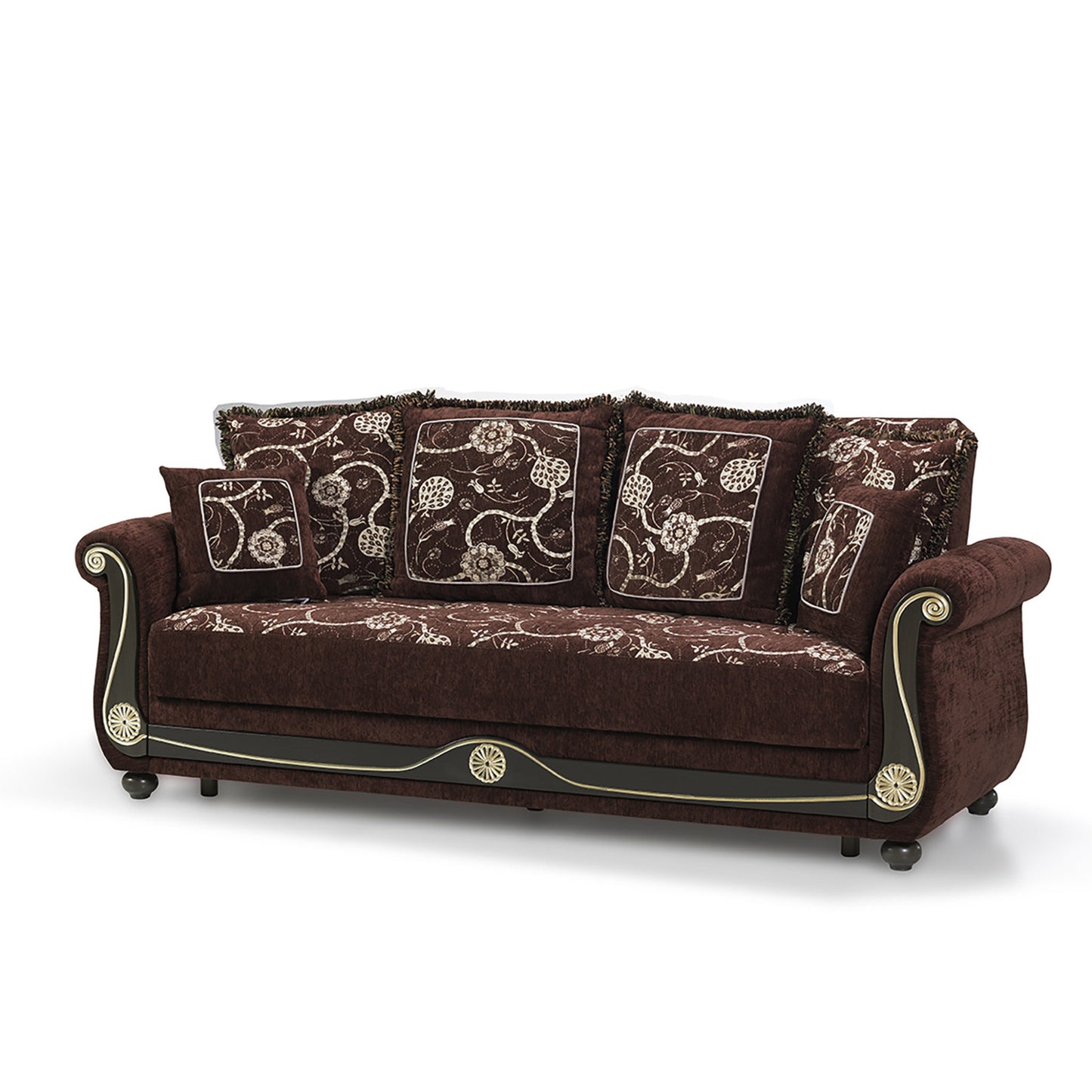 95" Brown Chenille Paisley Sleeper Sofa And Toss Pillows