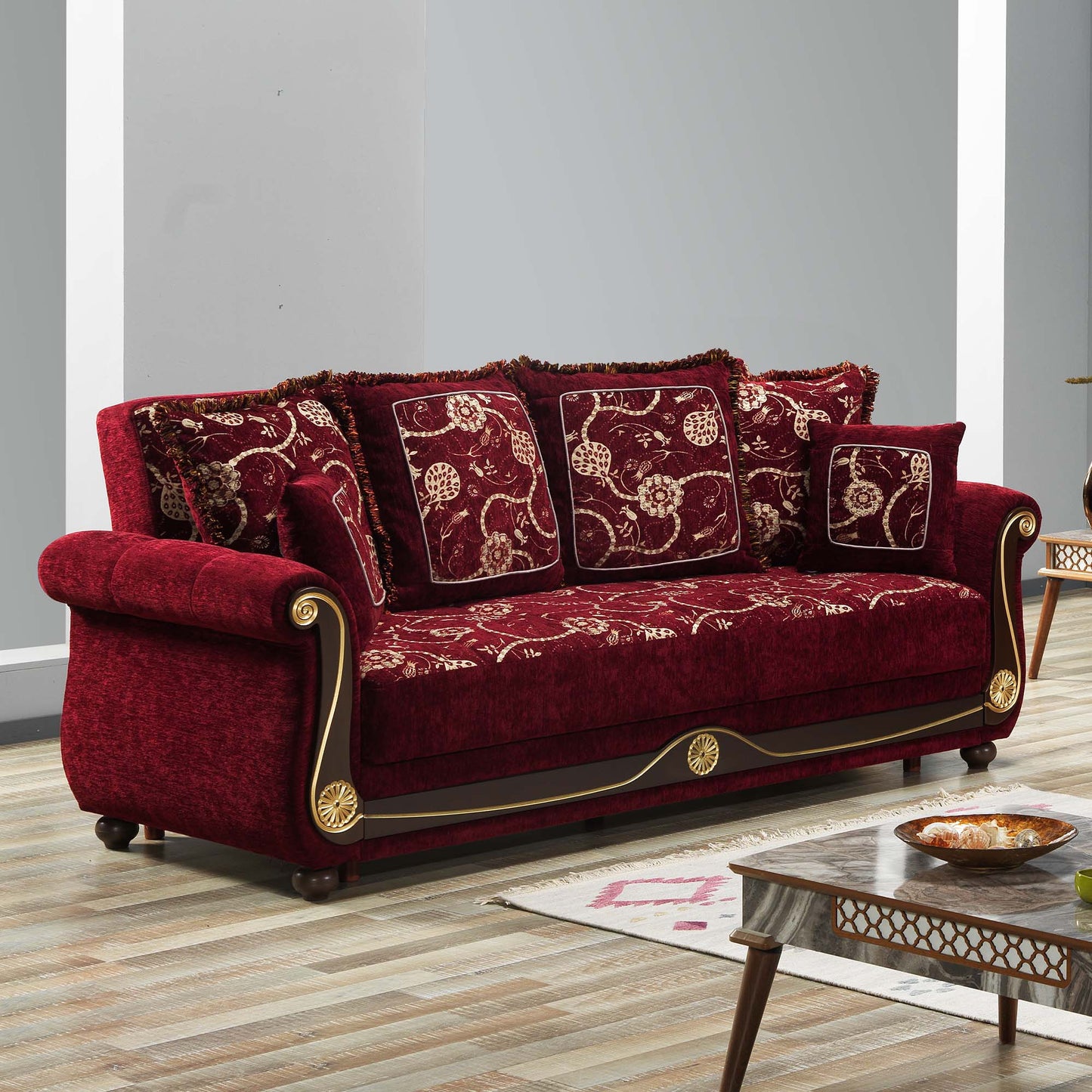 95" Burgundy Chenille Paisley Sleeper Sofa And Toss Pillows