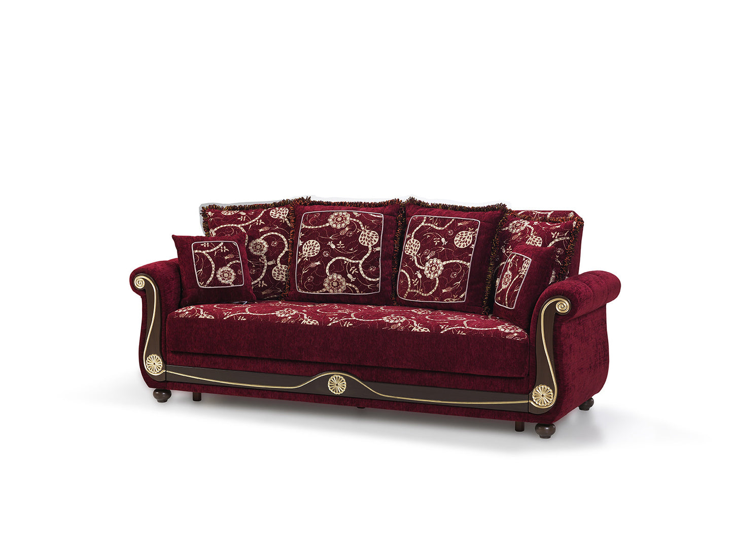 95" Burgundy Chenille Paisley Sleeper Sofa And Toss Pillows