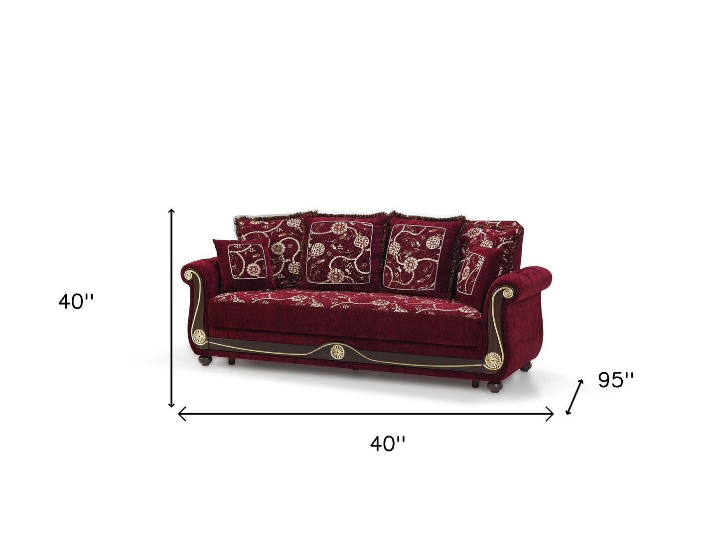 95" Burgundy Chenille Paisley Sleeper Sofa And Toss Pillows