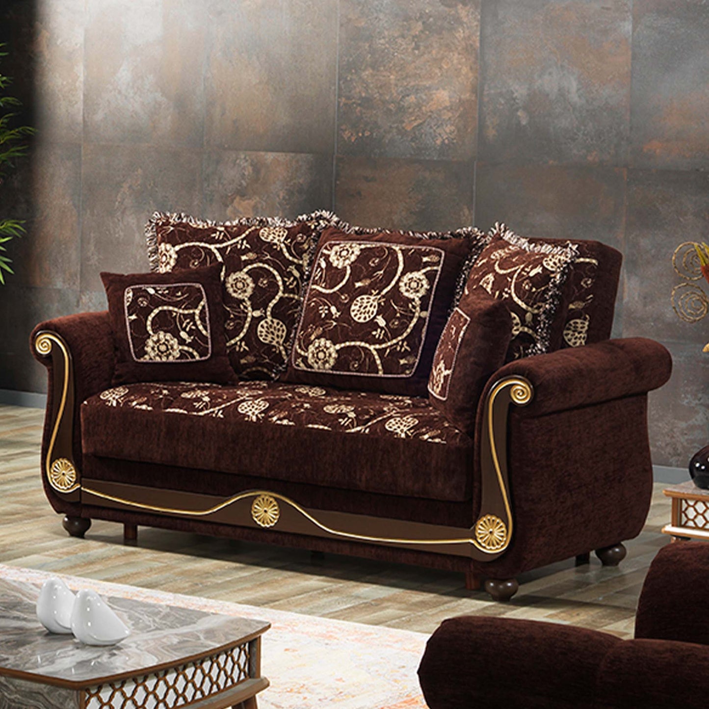 71" Brown Dark Brown Chenille Futon Convertible Sleeper Love Seat With Storage