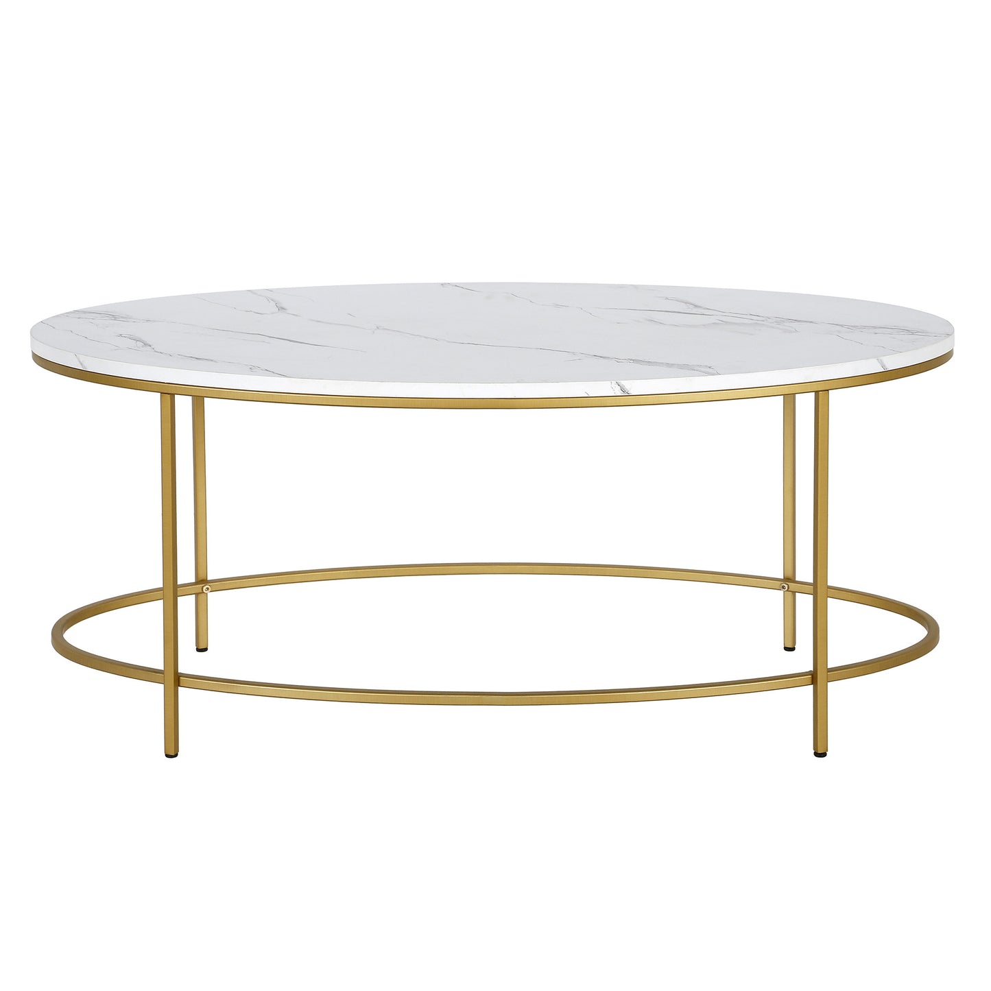 42" White And Gold Faux Marble And Steel Oval Coffee Table