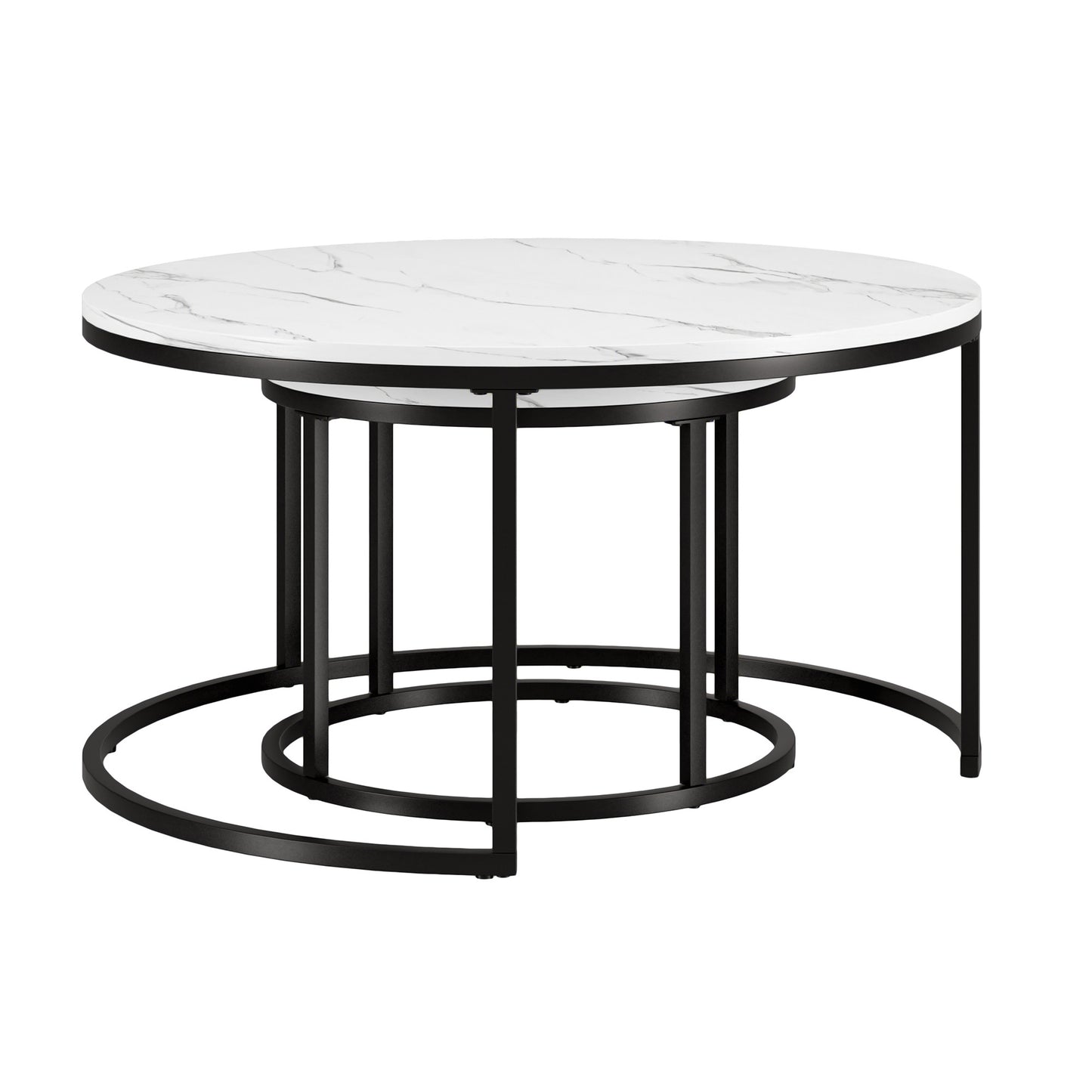 Set of Two 35" White And Black Faux Marble And Steel Round Nested Coffee Tables