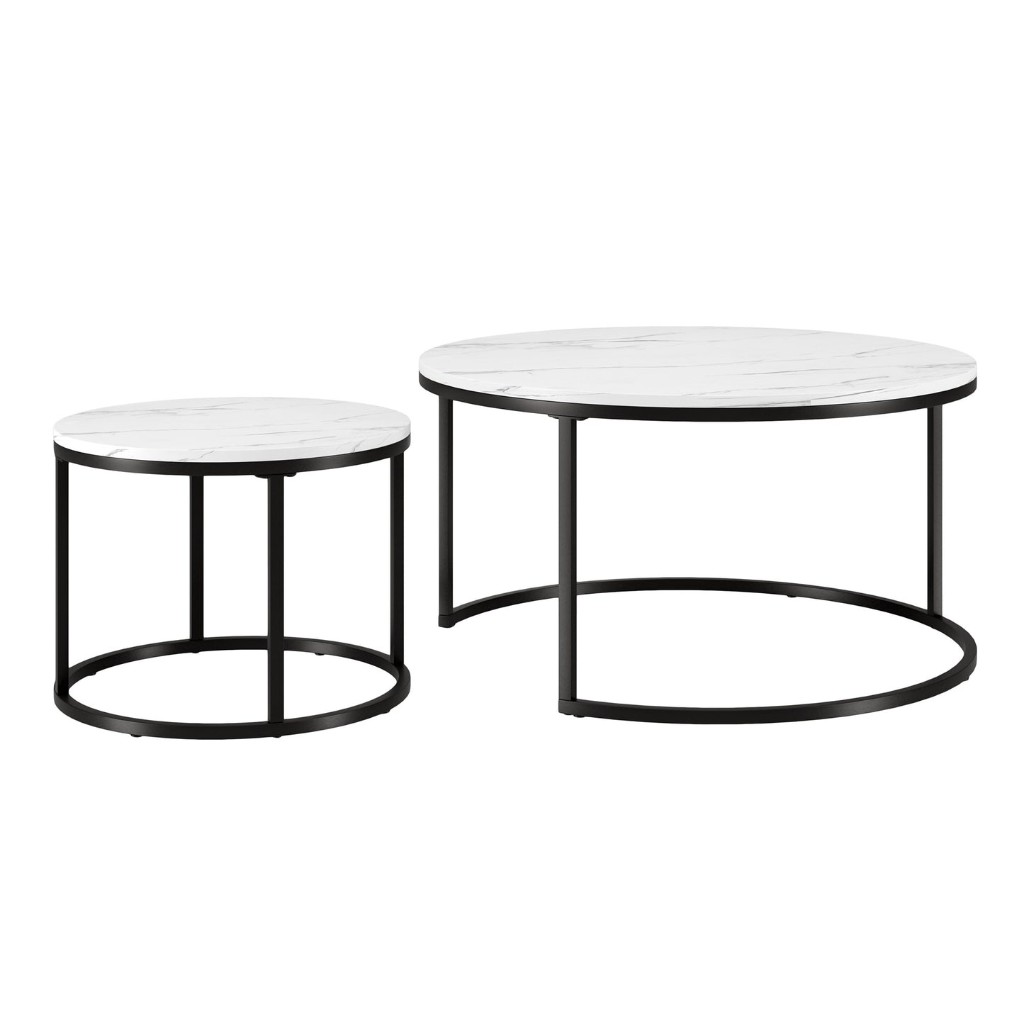 Set of Two 35" White And Black Faux Marble And Steel Round Nested Coffee Tables