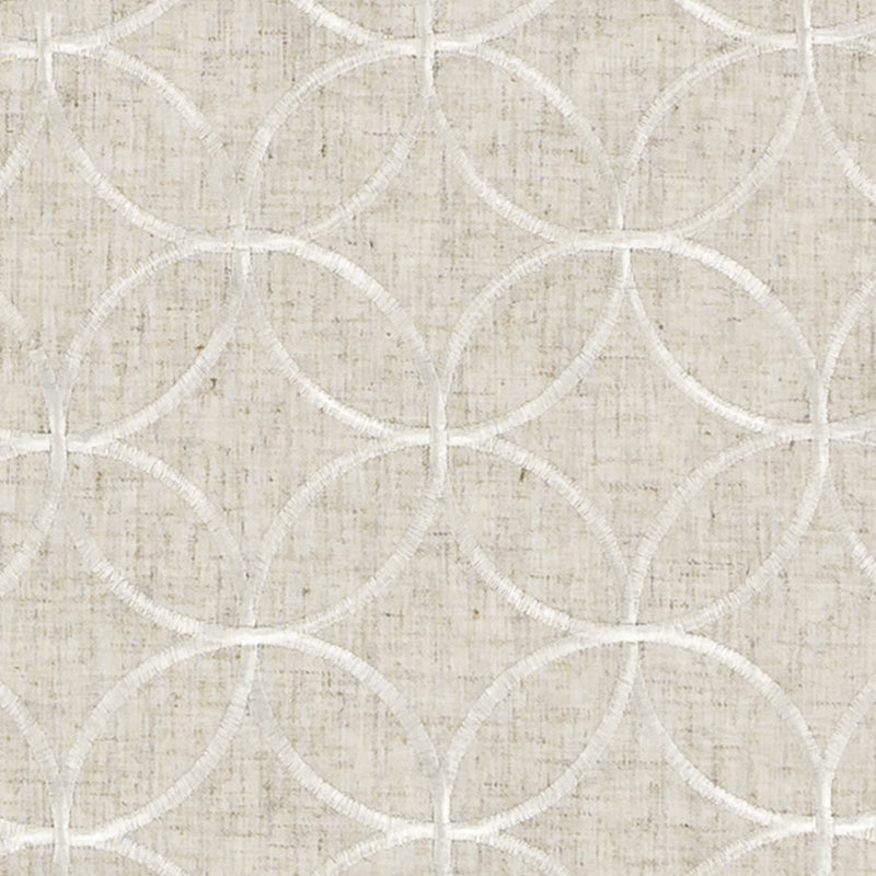 Beige linen-textured fabric with white interlocking circles; geometric upholstery or drapery fabric.