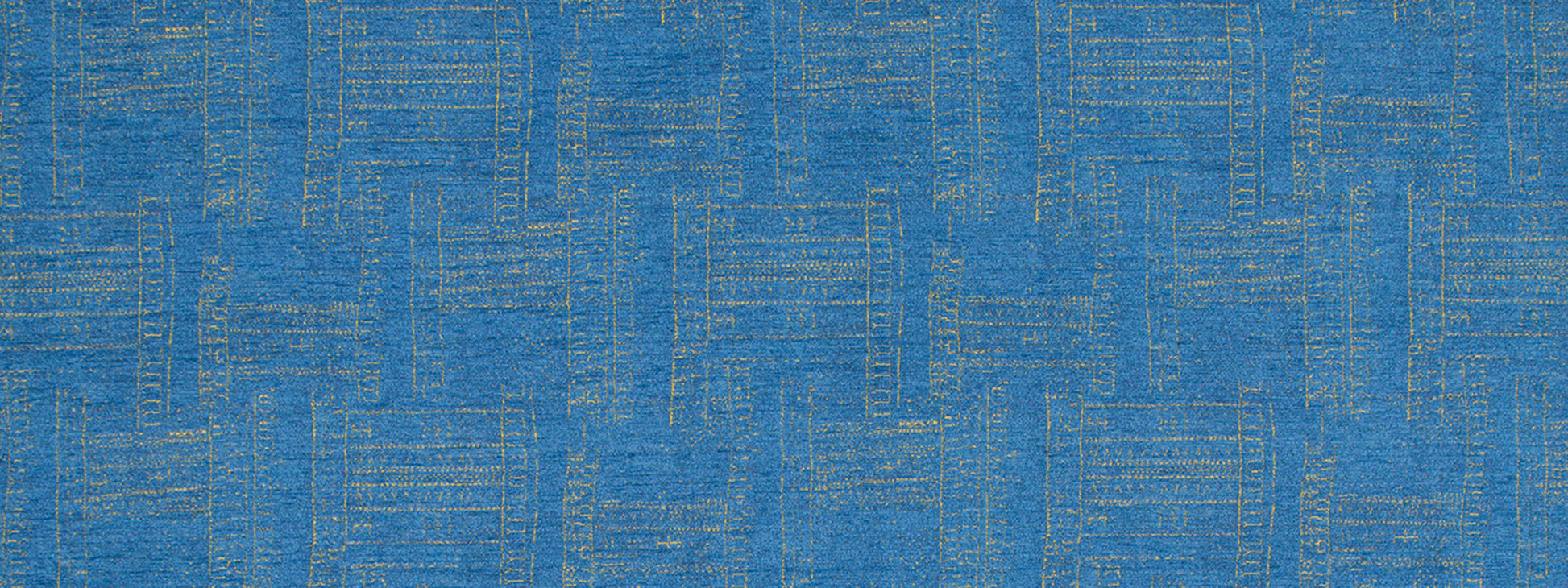 Blue woven fabric texture with subtle gold metallic thread forming a rectangular grid pattern.