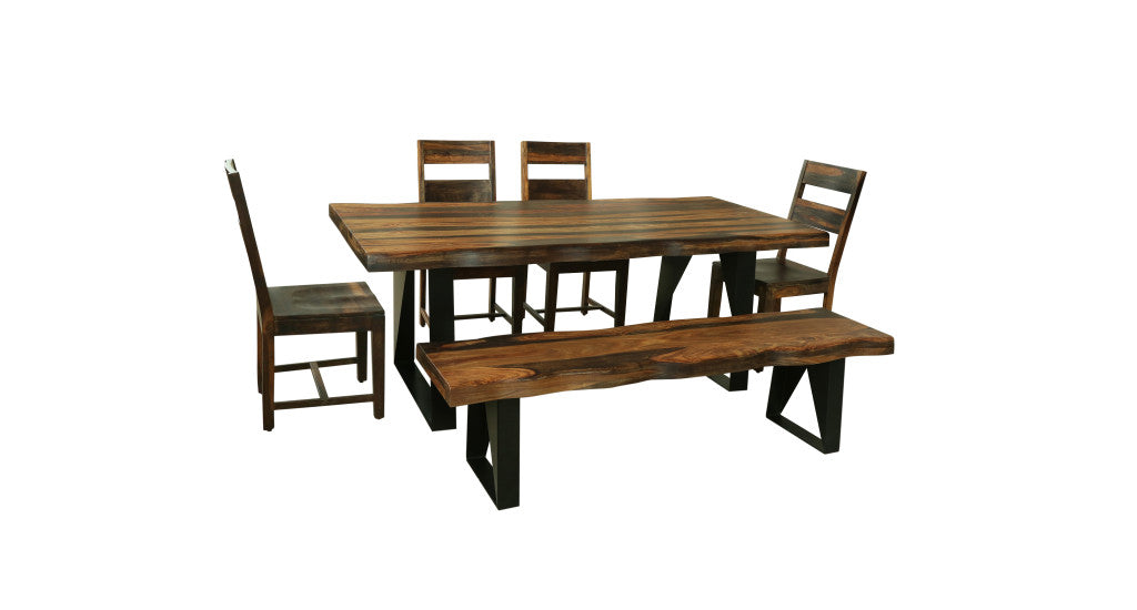 80" Dark Brown And Black Solid Wood And Metal Dining Table