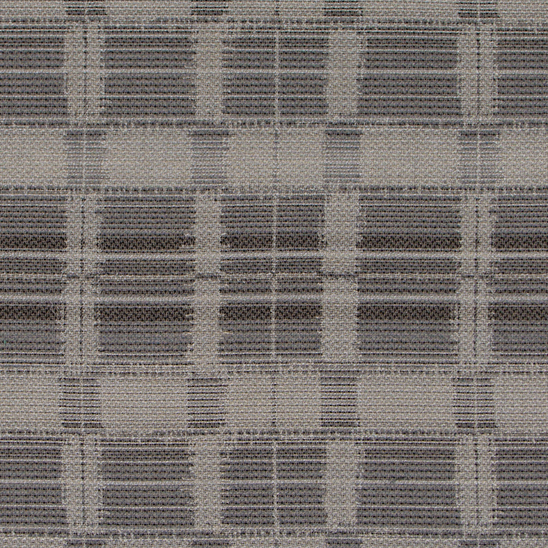 Grey plaid woven upholstery fabric with a checkered pattern and a wool-like texture.
