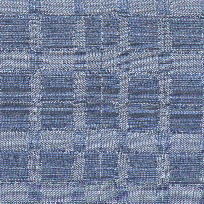 Blue plaid upholstery fabric swatch with a light and dark blue checkered weave.