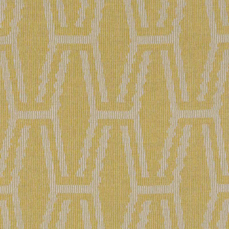 Yellow and white woven upholstery fabric with a repeating geometric motif and ribbed texture.