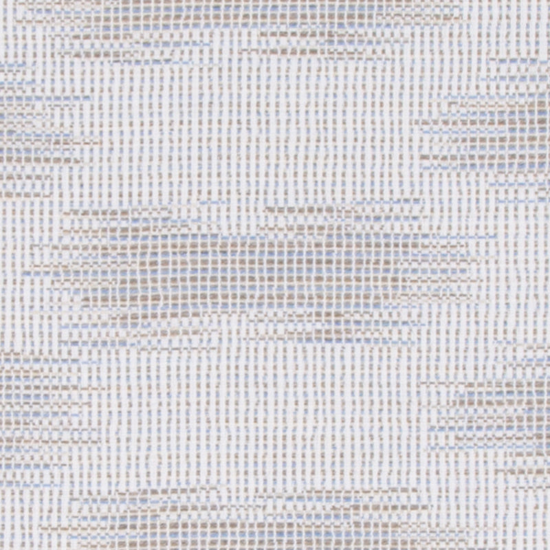 Close-up of azure woven upholstery fabric with a pale gray geometric rectangular block pattern.
