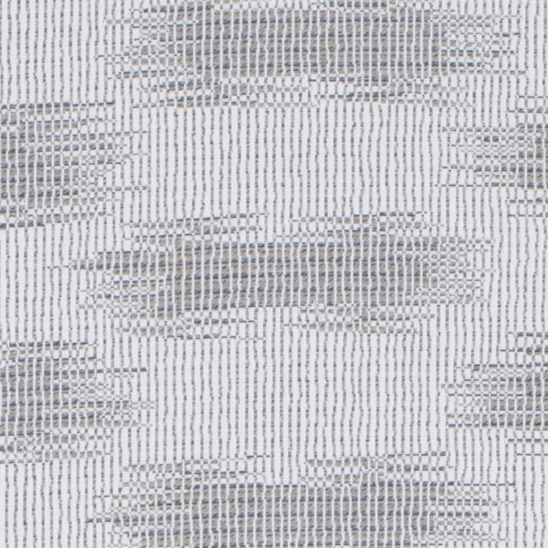 Grey and white geometric woven upholstery fabric swatch with rectangular block pattern.