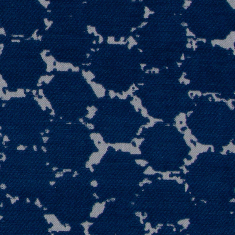 Blue textured upholstery fabric with a white hexagonal chain-link pattern.