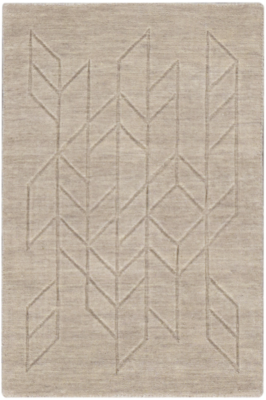 Beige flat-weave rug with a subtle tonal geometric leaf pattern and soft texture.
