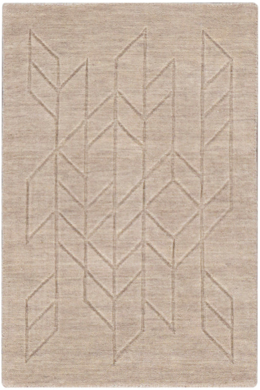 Beige flat-weave rug with a subtle tonal geometric leaf pattern and soft texture.