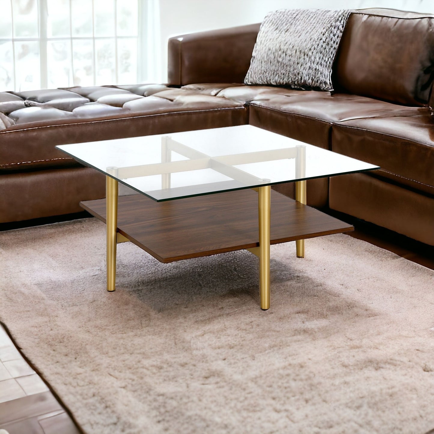 32" Brown And Gold Glass And Steel Square Coffee Table With Shelf