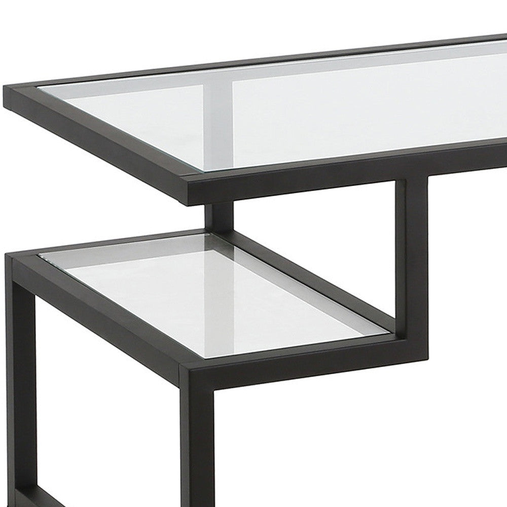 45" Black Glass And Steel Coffee Table With Two Shelves