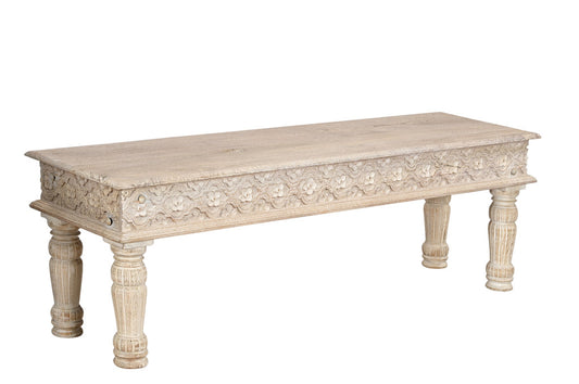 58" White Distressed and Carved Solid Wood Dining bench