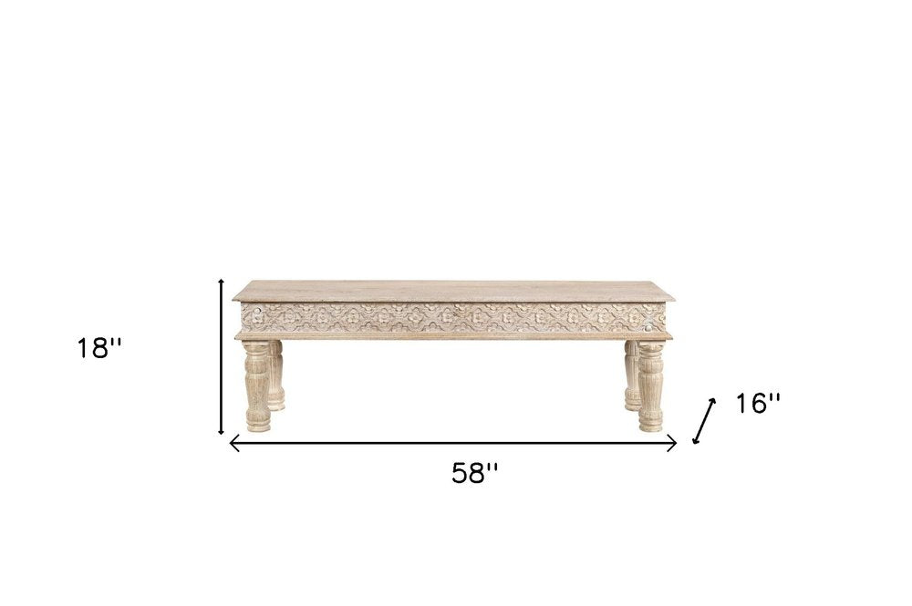 58" White Floral Distressed Solid Wood Dining Bench