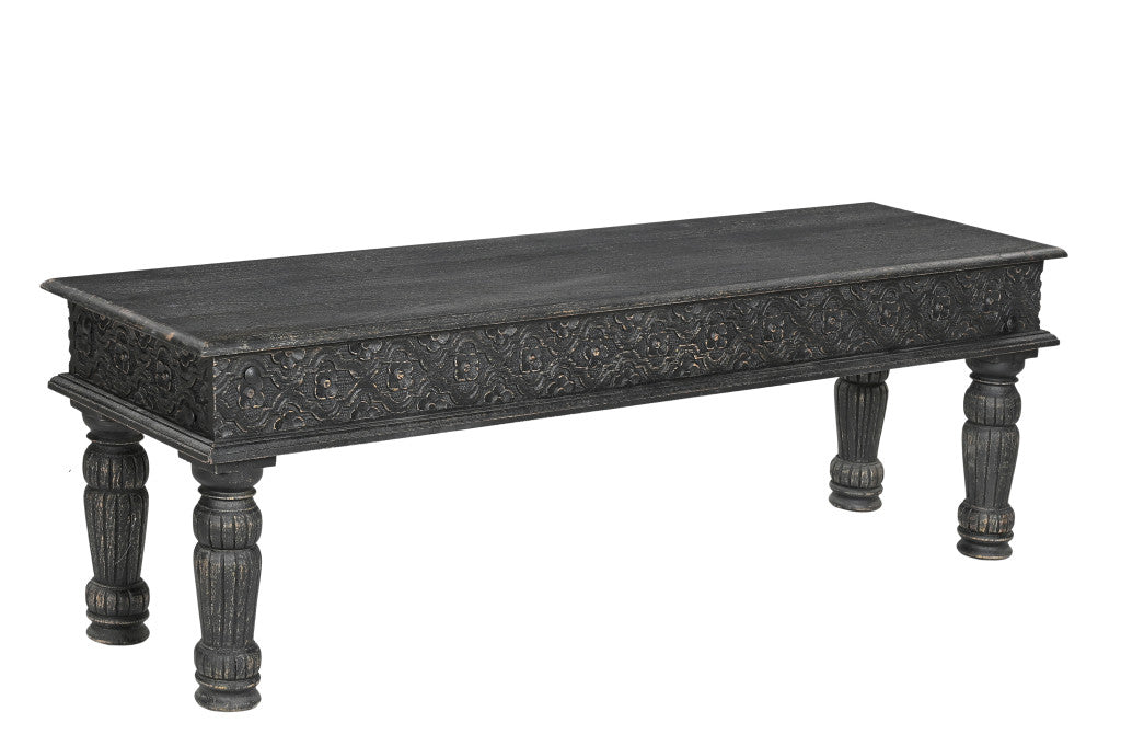 58" Black Distressed and Carved Solid Wood Dining Bench