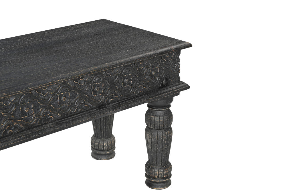 58" Black Distressed and Carved Solid Wood Dining Bench