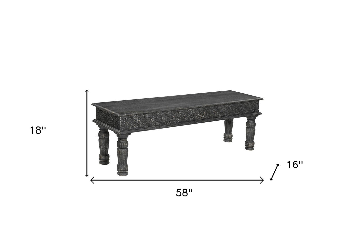 58" Black Distressed and Carved Solid Wood Dining Bench