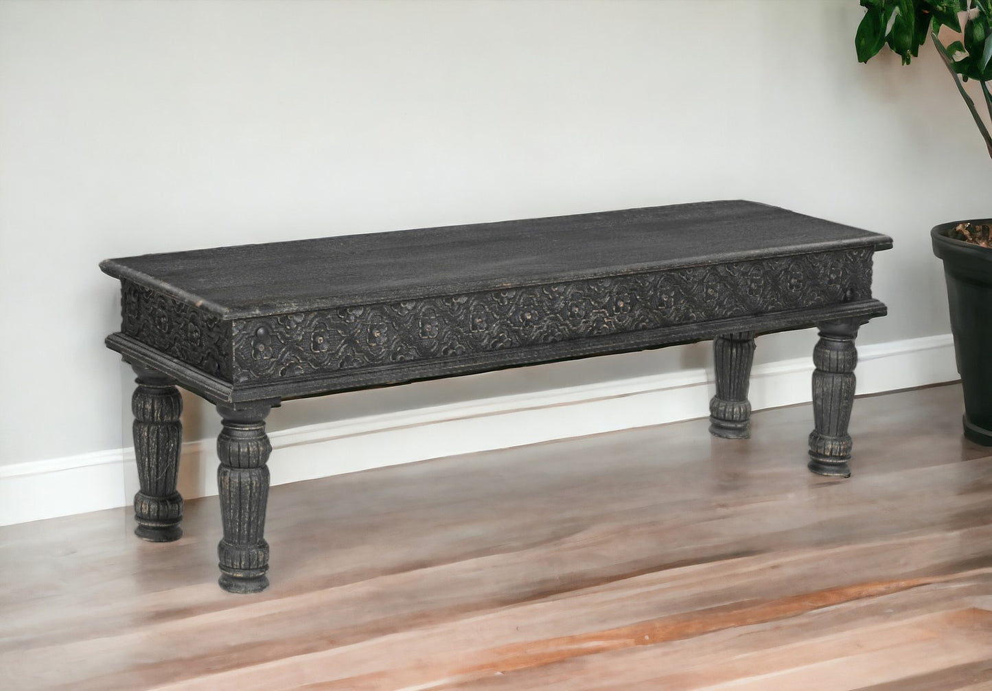 58" Black Distressed and Carved Solid Wood Dining Bench