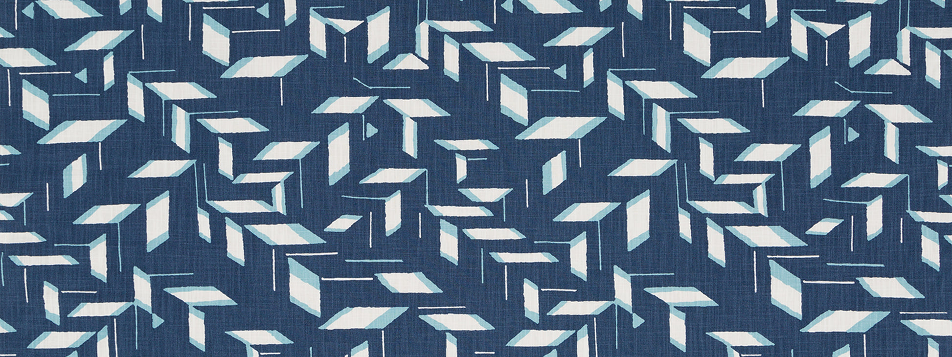 Navy blue fabric with a chalkboard-inspired repeating light-blue and white chevron geometric pattern.