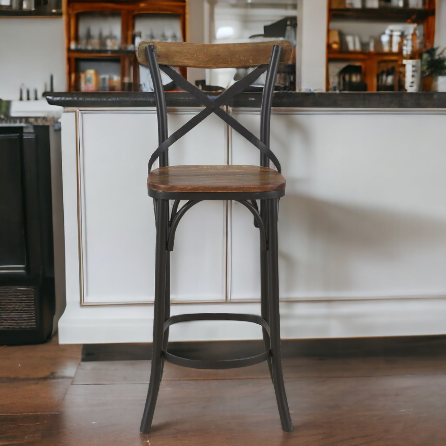 30" Brown And Black Metal Counter Height Bar Chair