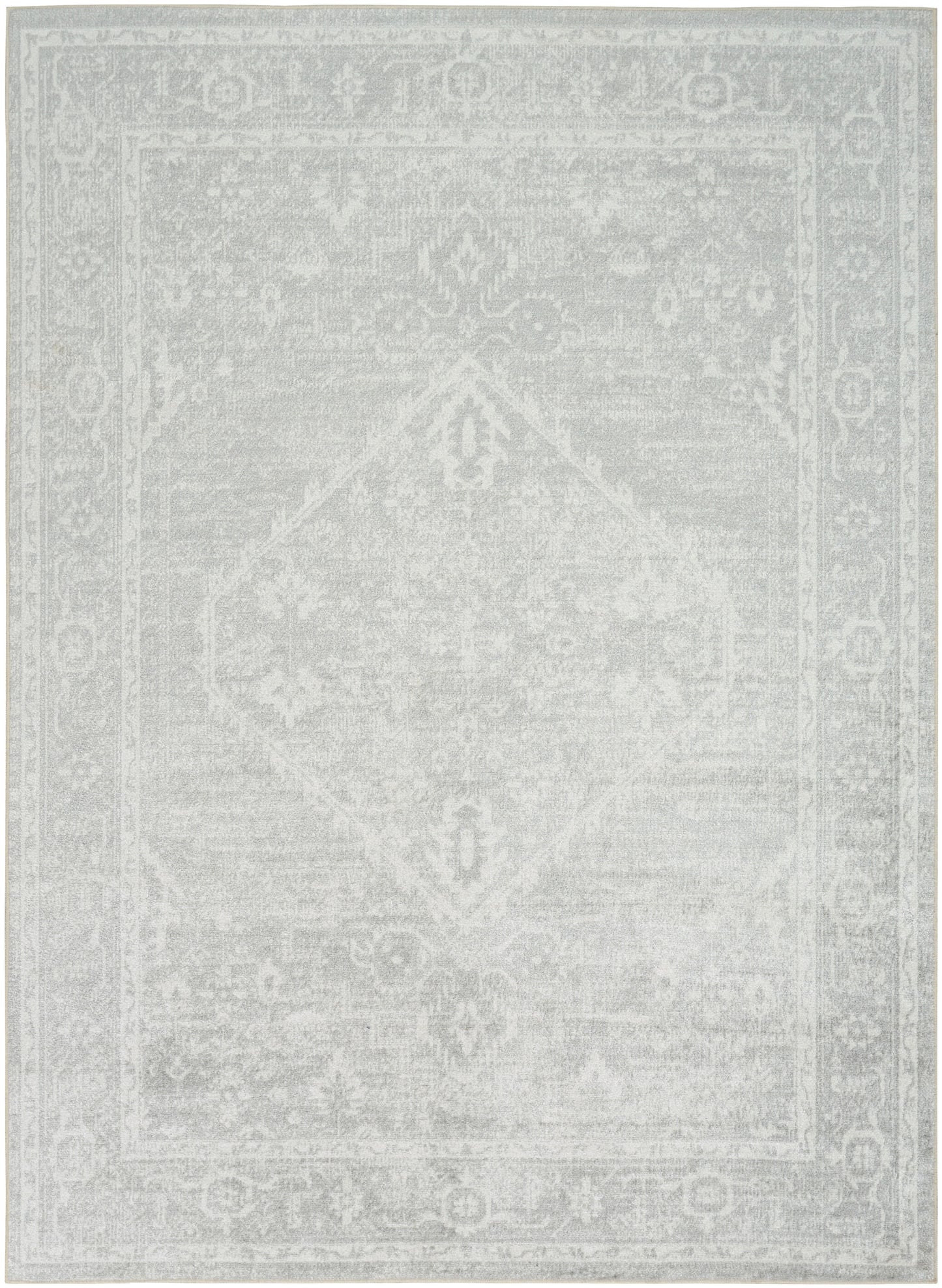 Light gray distressed oriental rug with central diamond medallion and decorative border.