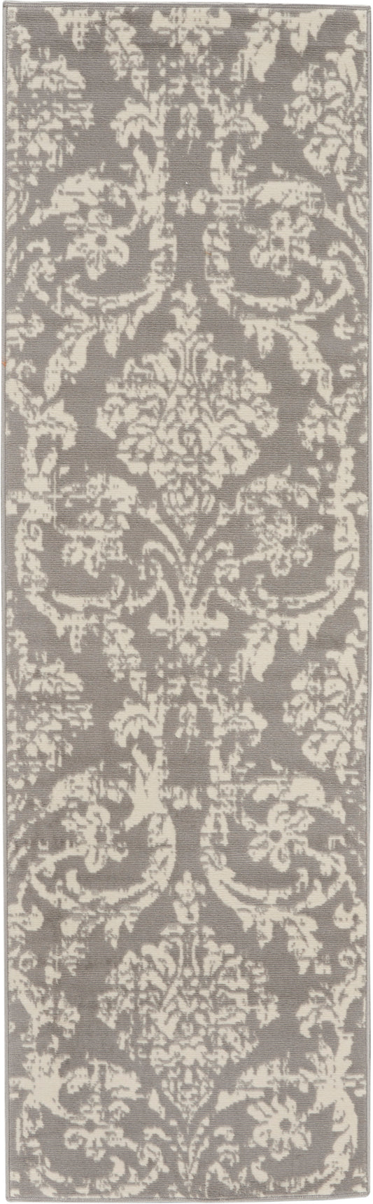 Gray damask runner rug with ivory motifs, long narrow hallway size, traditional decorative style.
