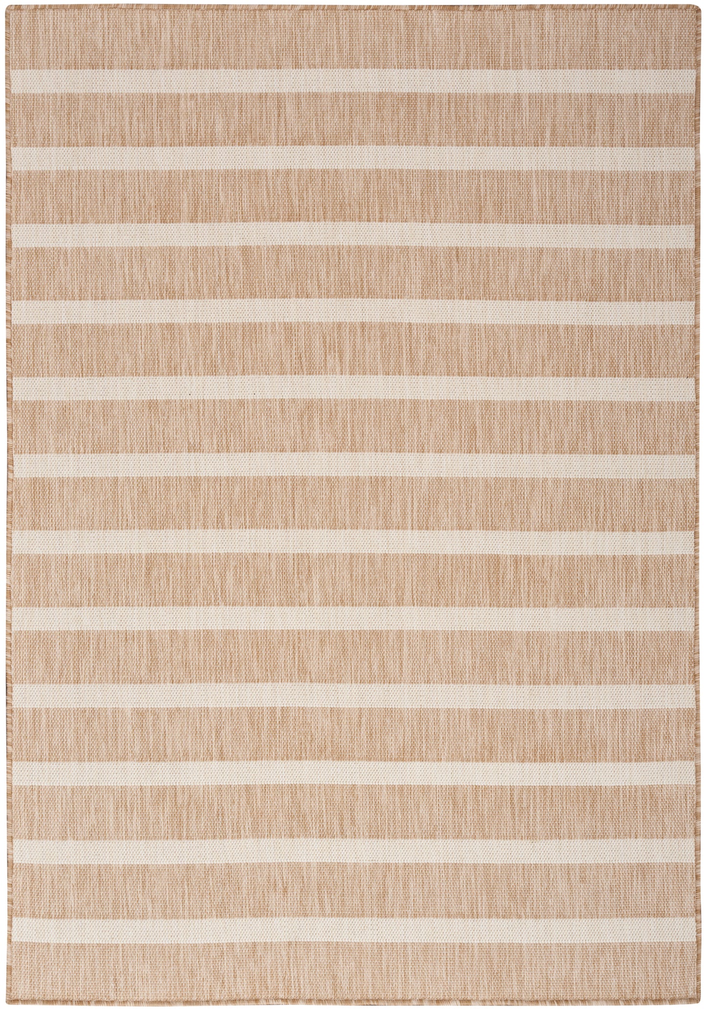Natural beige woven rug with cream horizontal stripes and textured surface.